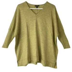 Eileen Fisher Green Merino Wool Sweater XS Pullover V-Neck Dolman Side Slit
